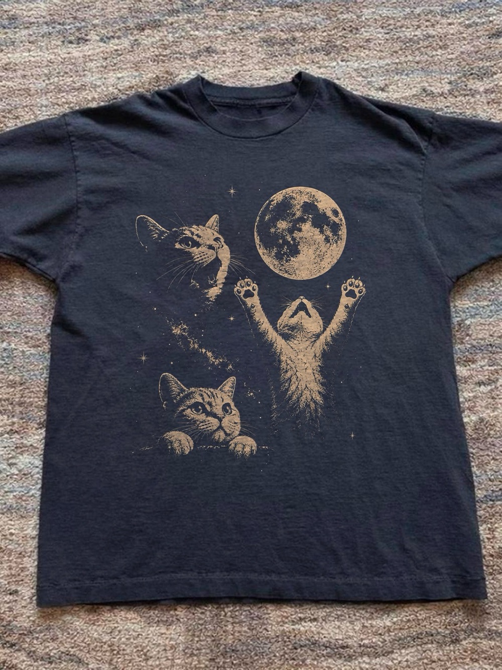 Three Cat Moon Funny Retro Cat Lover Graphic Tee Unisex Black T-Shirt